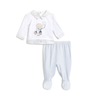 Boys White and Light Blue Baby's Smock with Leggings